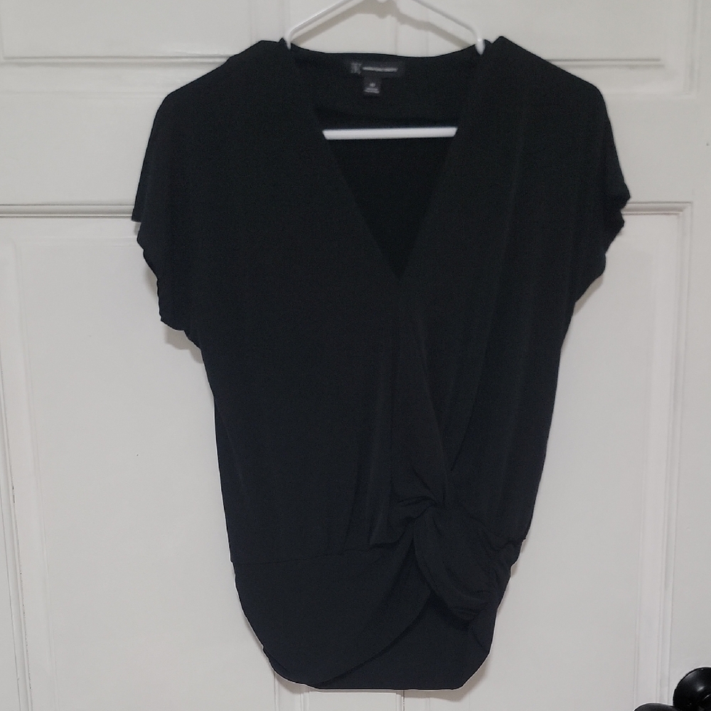 INC International Concepts Black Flutter Sleeve Wrap Blouse Sexy Classic V Neck